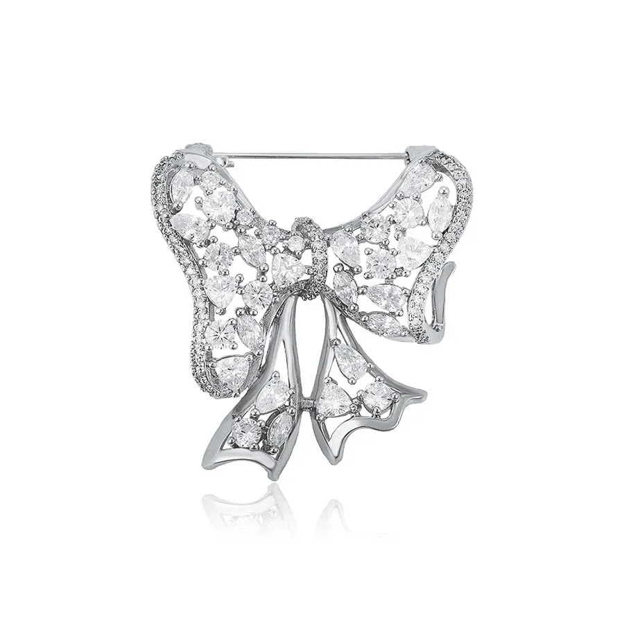 Cz Diamond Bow Rhodium Plated Brooch