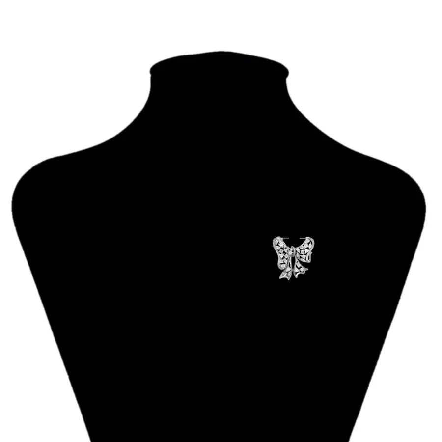 Cz Diamond Bow Rhodium Plated Brooch