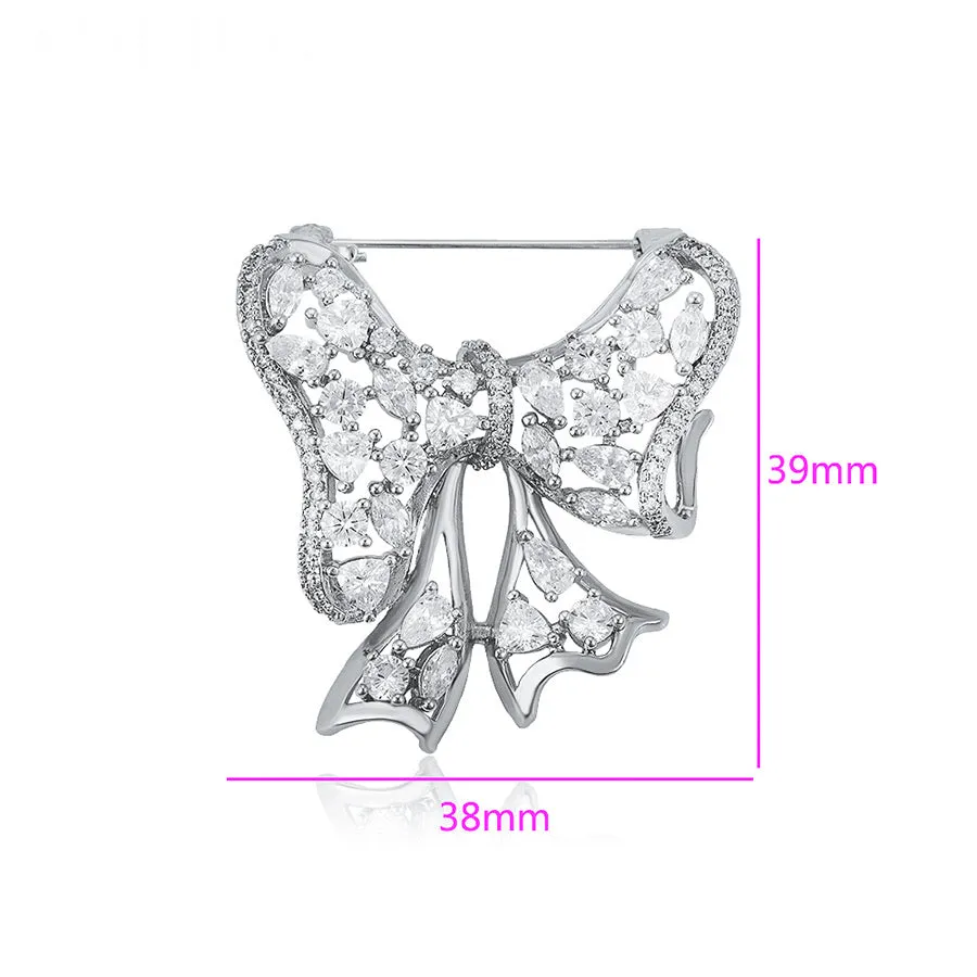 Cz Diamond Bow Rhodium Plated Brooch