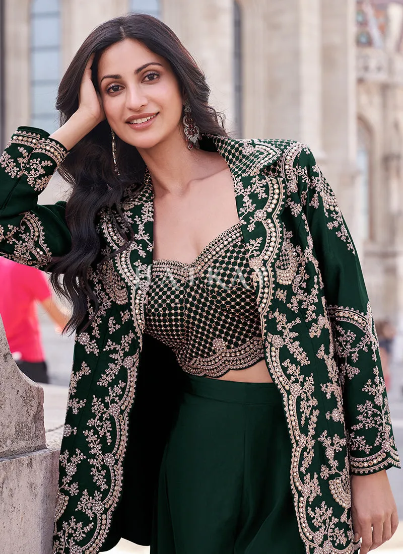 Dark Green Embroidered Jacket Style Designer Palazzo Suit