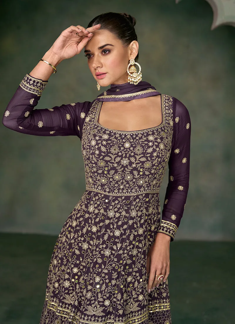 Deep Purple Designer Embroidery Anarkali Gown
