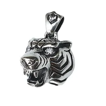 Diamond Eyes Sterling Silver Tiger Head Pendant
