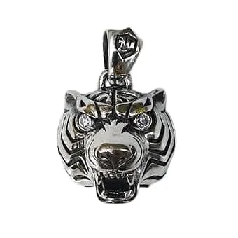 Diamond Eyes Sterling Silver Tiger Head Pendant