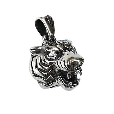 Diamond Eyes Sterling Silver Tiger Head Pendant