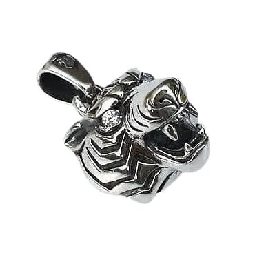Diamond Eyes Sterling Silver Tiger Head Pendant