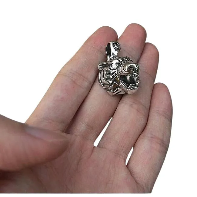 Diamond Eyes Sterling Silver Tiger Head Pendant