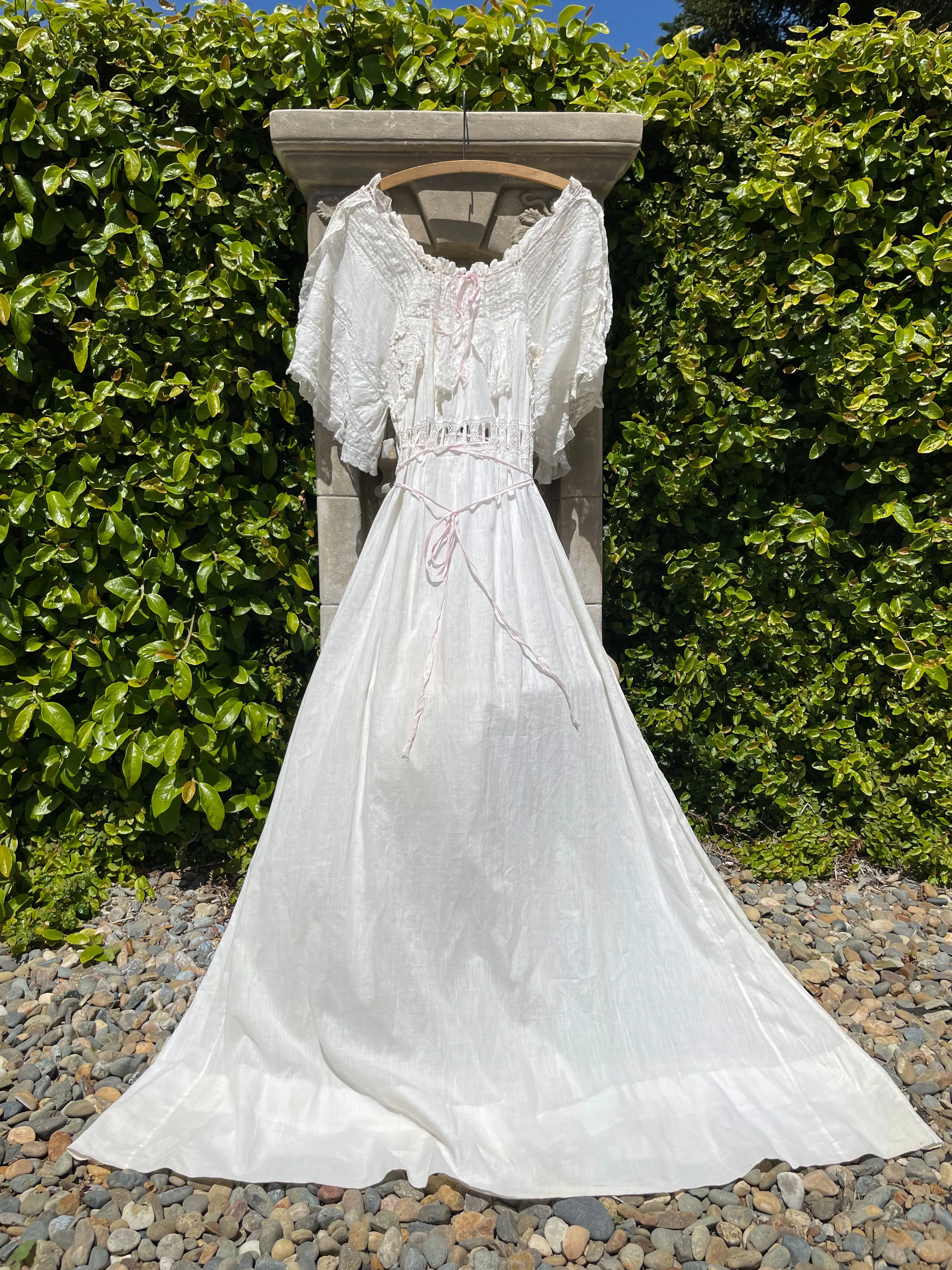 Edwardian Tie Waist Angel Sleeve Fine Cotton & Lace Negligee