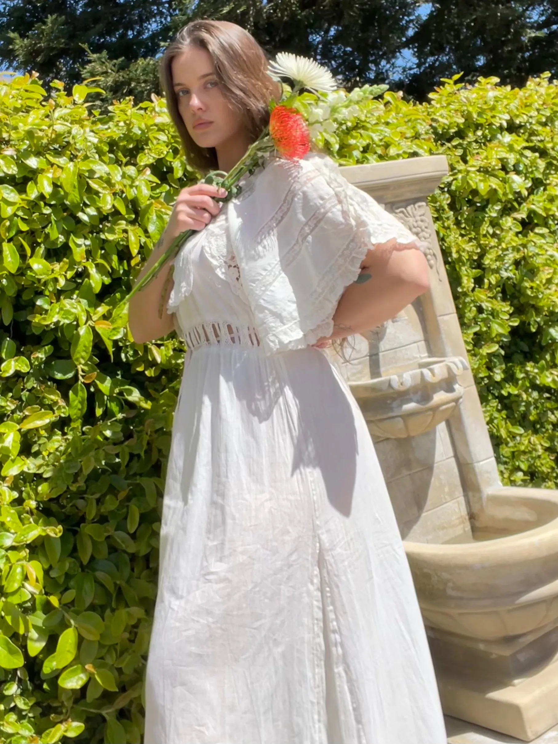 Edwardian Tie Waist Angel Sleeve Fine Cotton & Lace Negligee