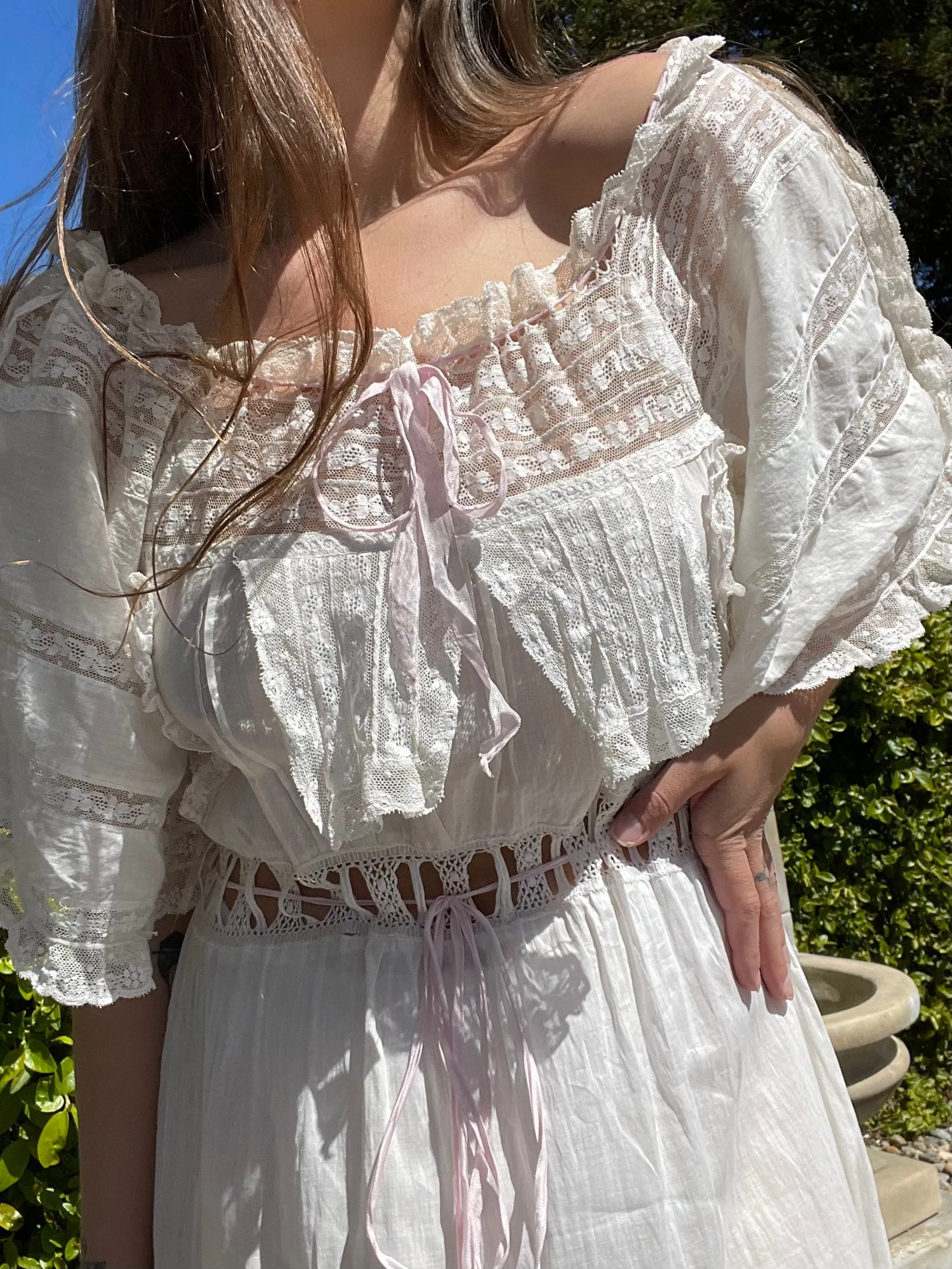 Edwardian Tie Waist Angel Sleeve Fine Cotton & Lace Negligee