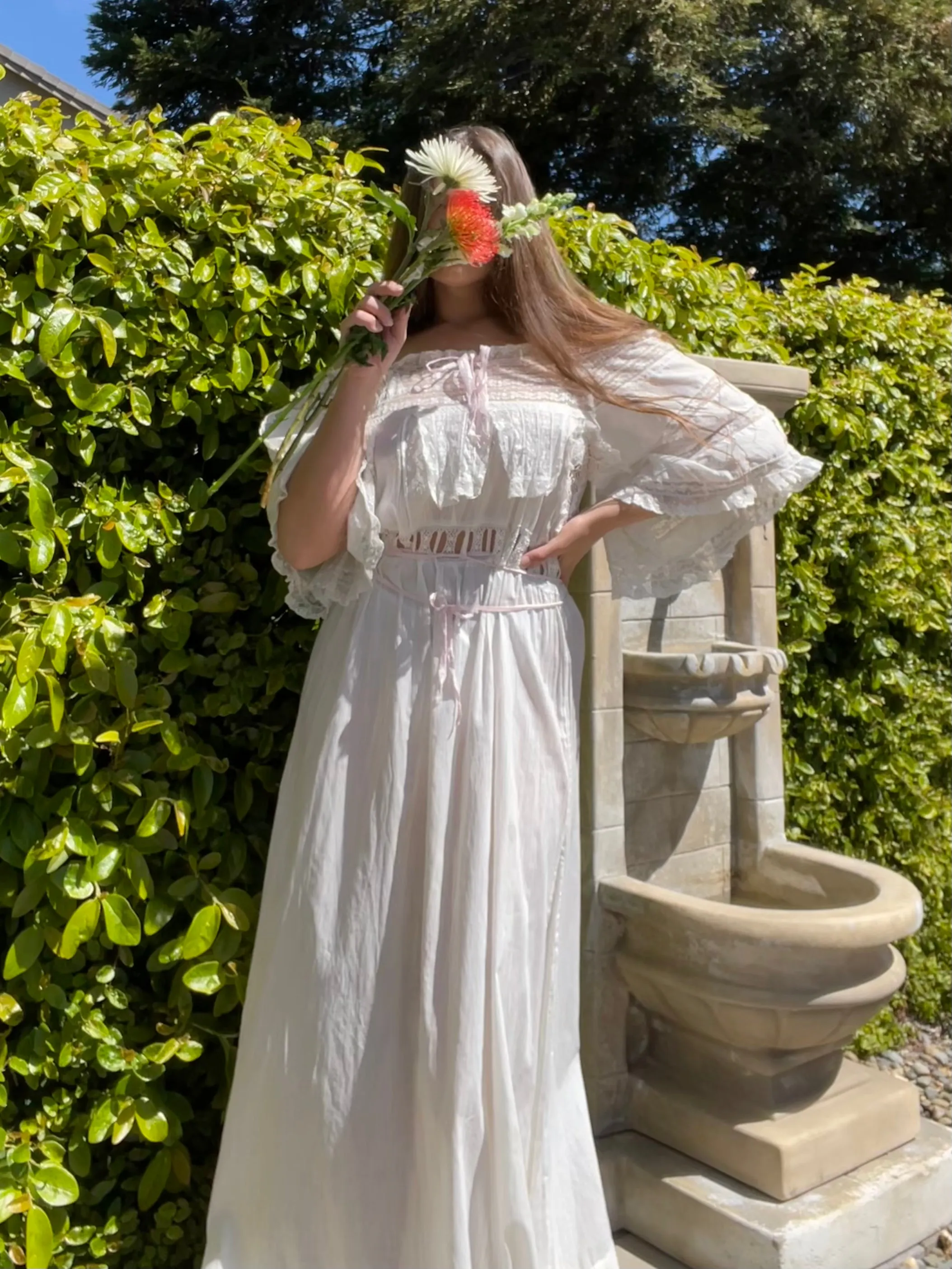Edwardian Tie Waist Angel Sleeve Fine Cotton & Lace Negligee