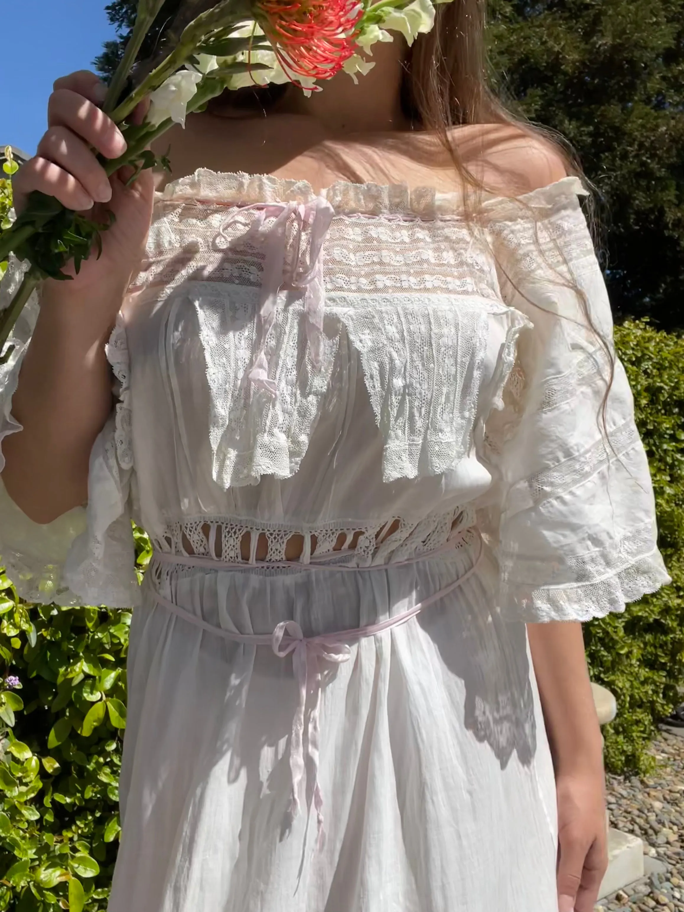 Edwardian Tie Waist Angel Sleeve Fine Cotton & Lace Negligee
