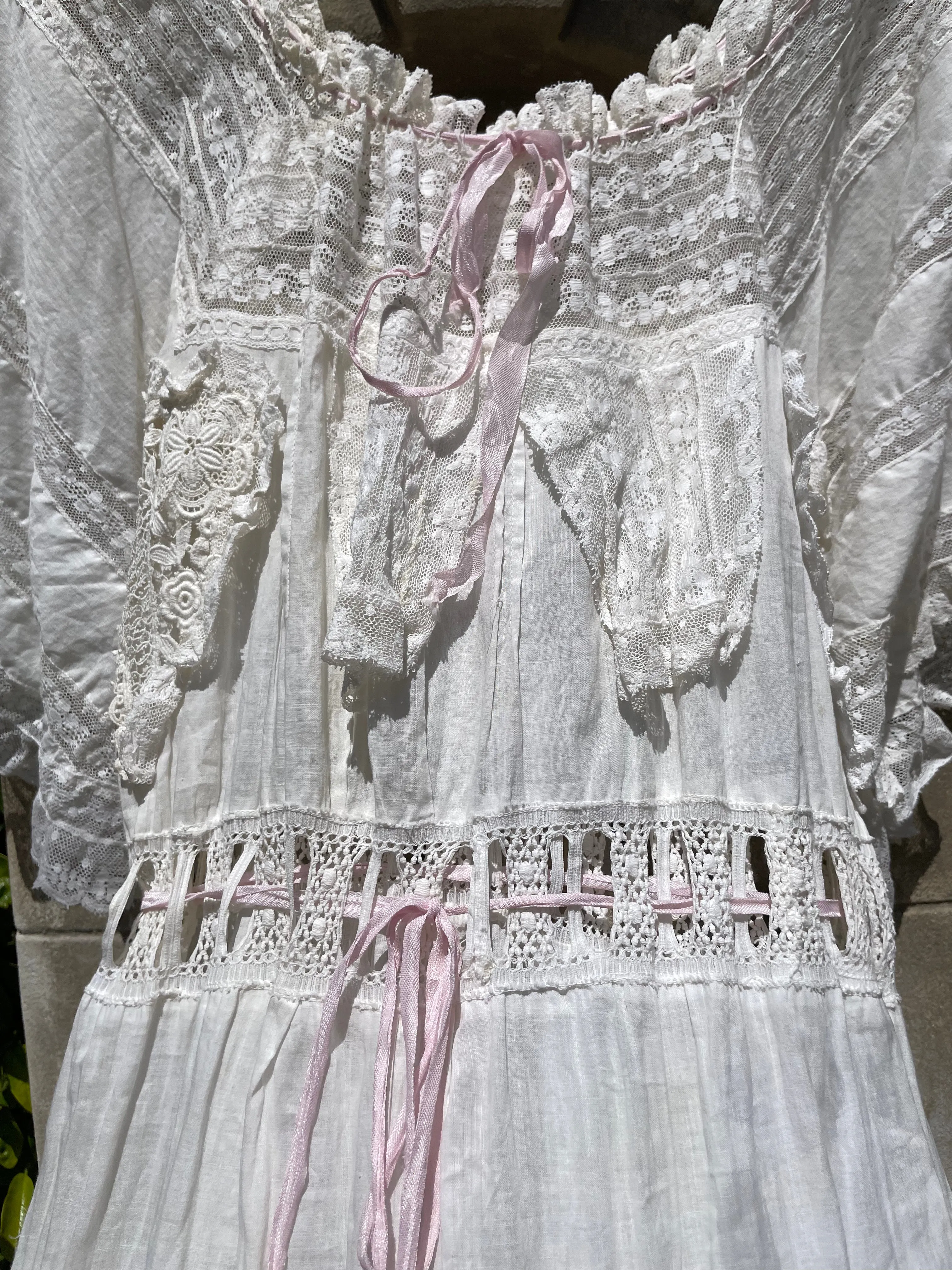 Edwardian Tie Waist Angel Sleeve Fine Cotton & Lace Negligee
