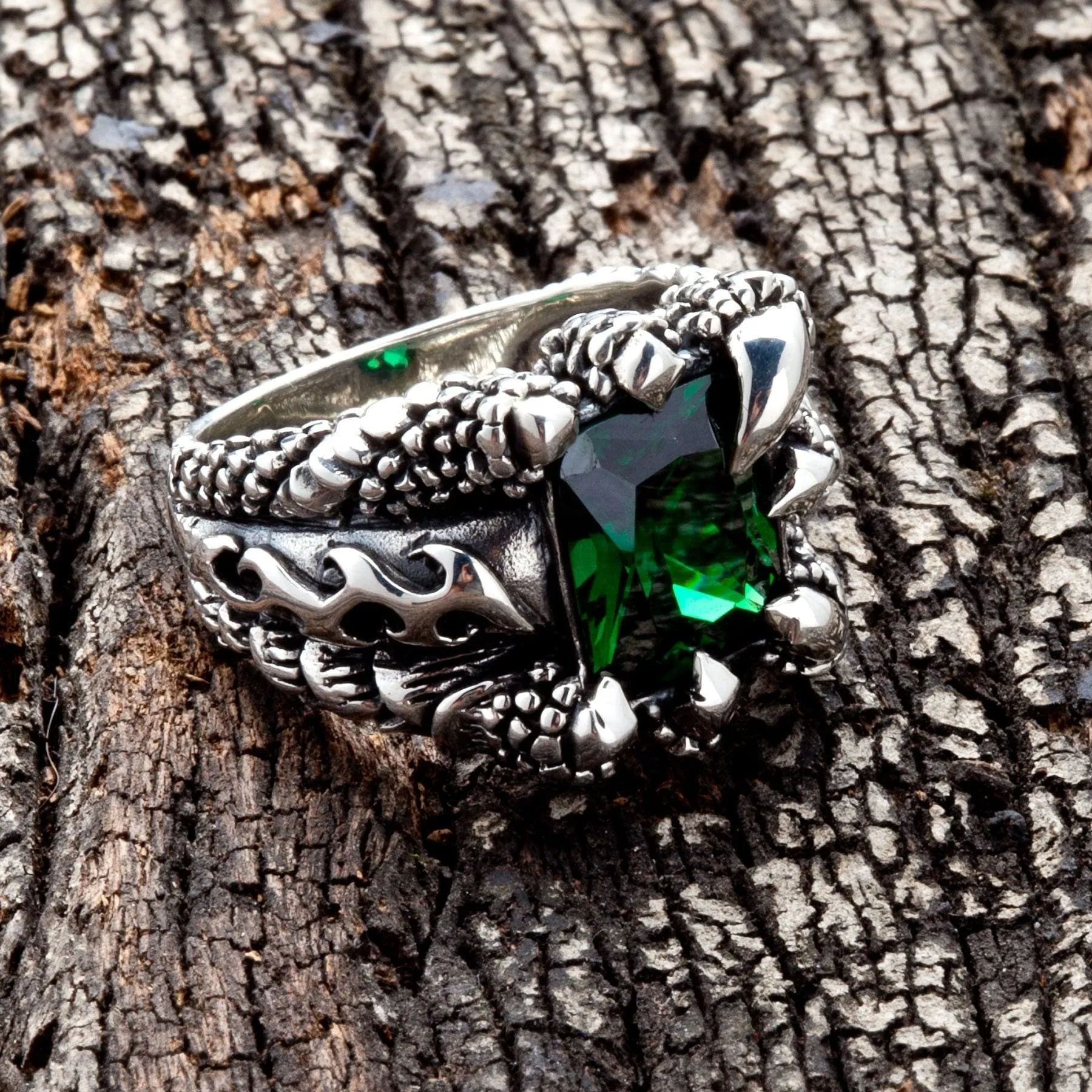 Emerald Claw Sterling Silver Men's Gothic Ring