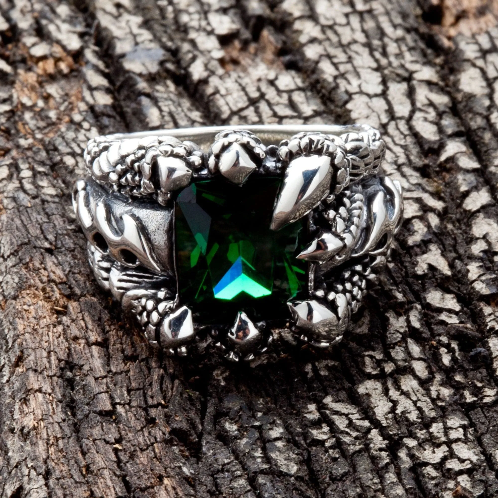 Emerald Claw Sterling Silver Men's Gothic Ring
