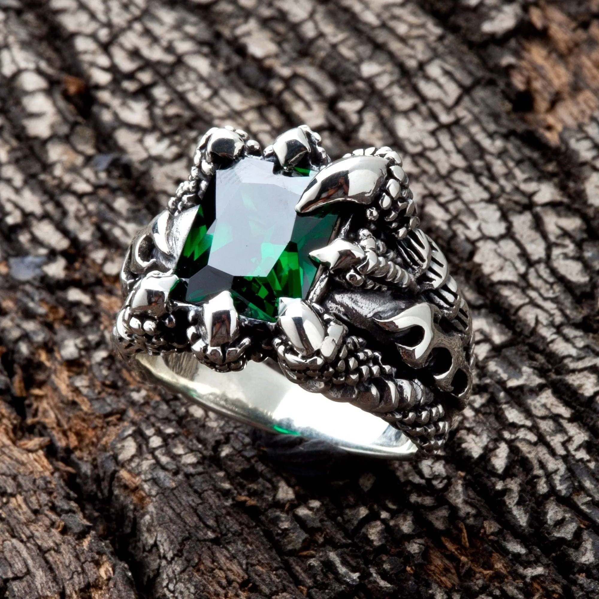 Emerald Claw Sterling Silver Men's Gothic Ring