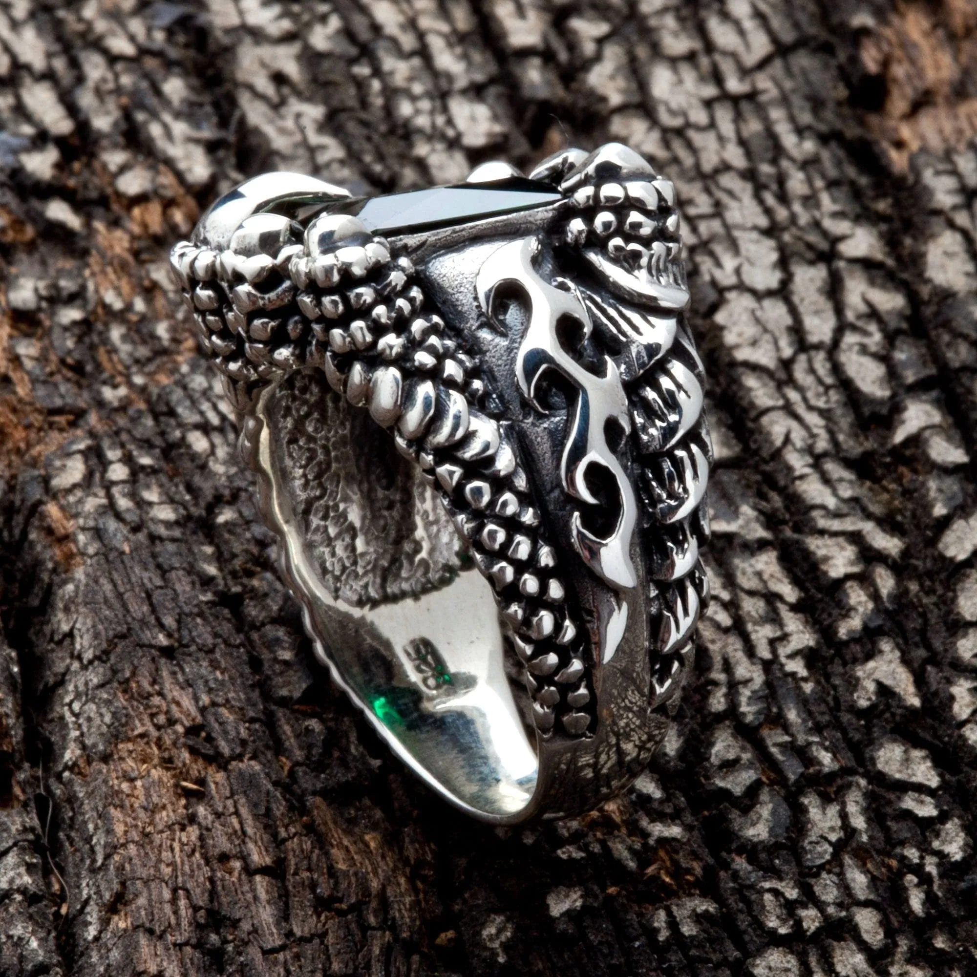 Emerald Claw Sterling Silver Men's Gothic Ring