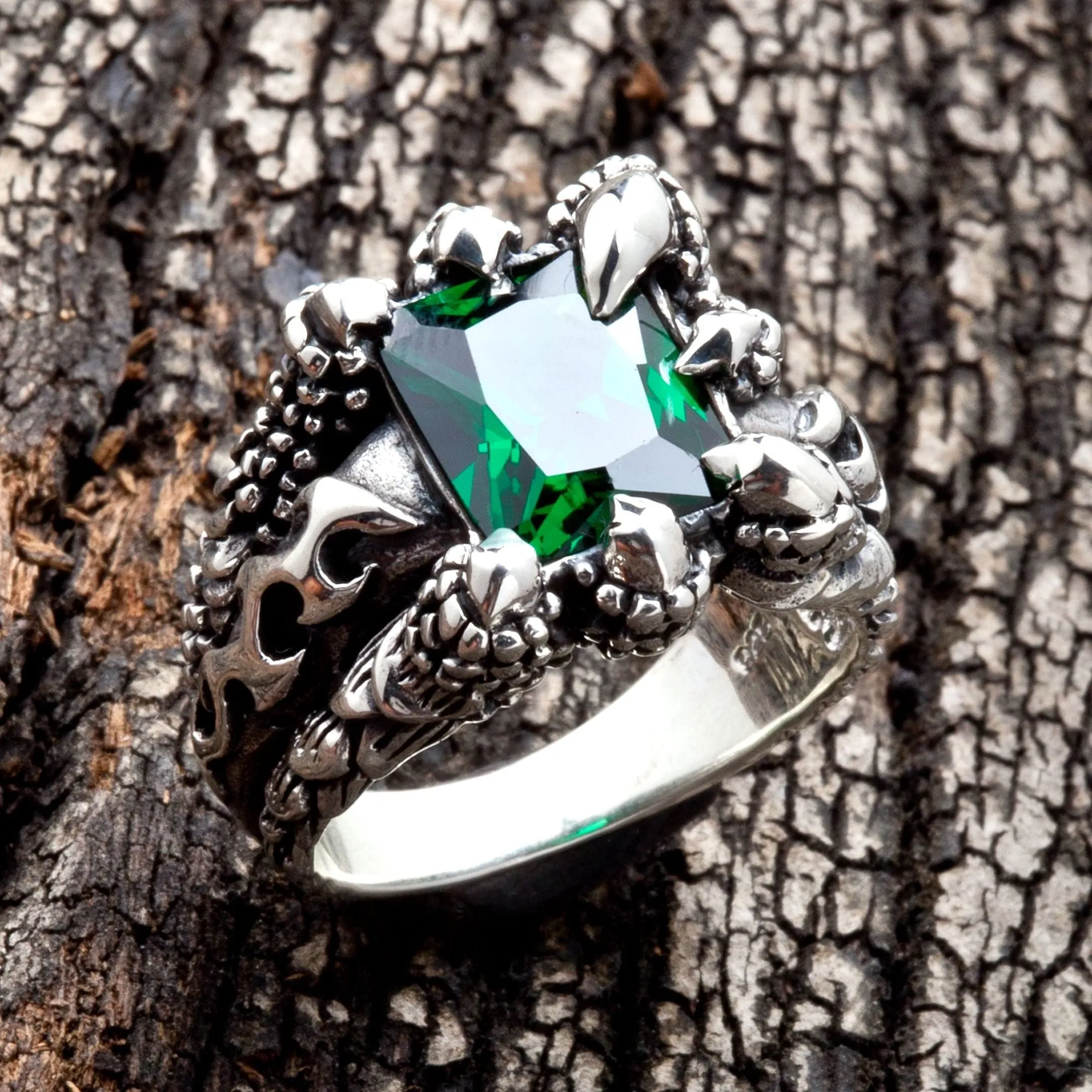 Emerald Claw Sterling Silver Men's Gothic Ring