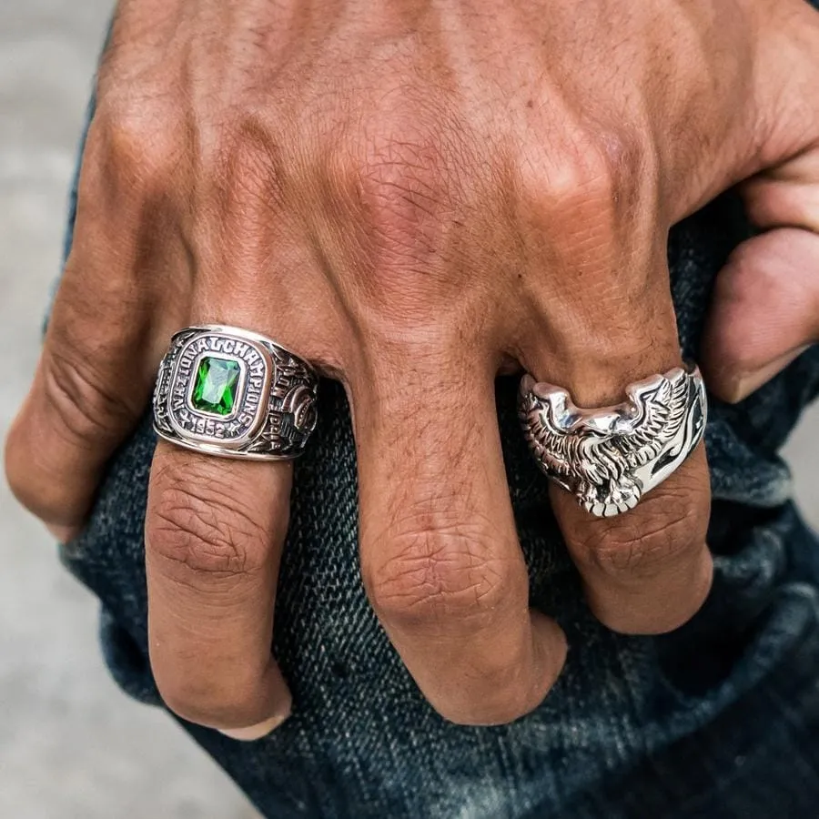 Emerald Green Stone Sterling Silver Men's Sport Ring