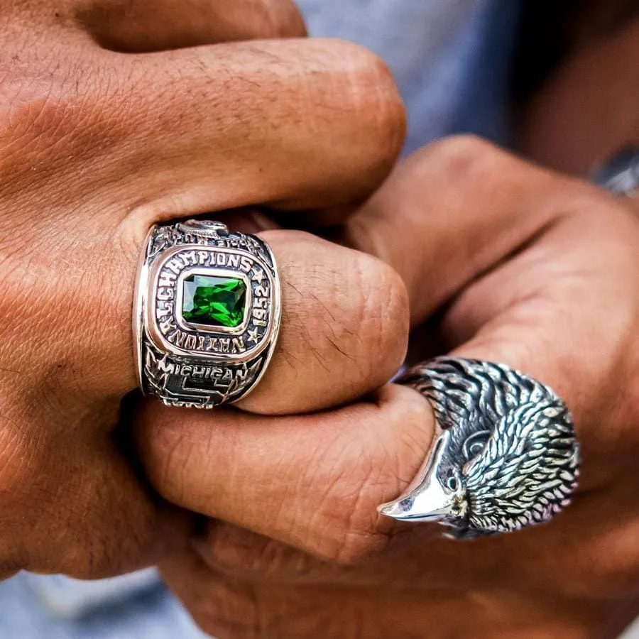 Emerald Green Stone Sterling Silver Men's Sport Ring