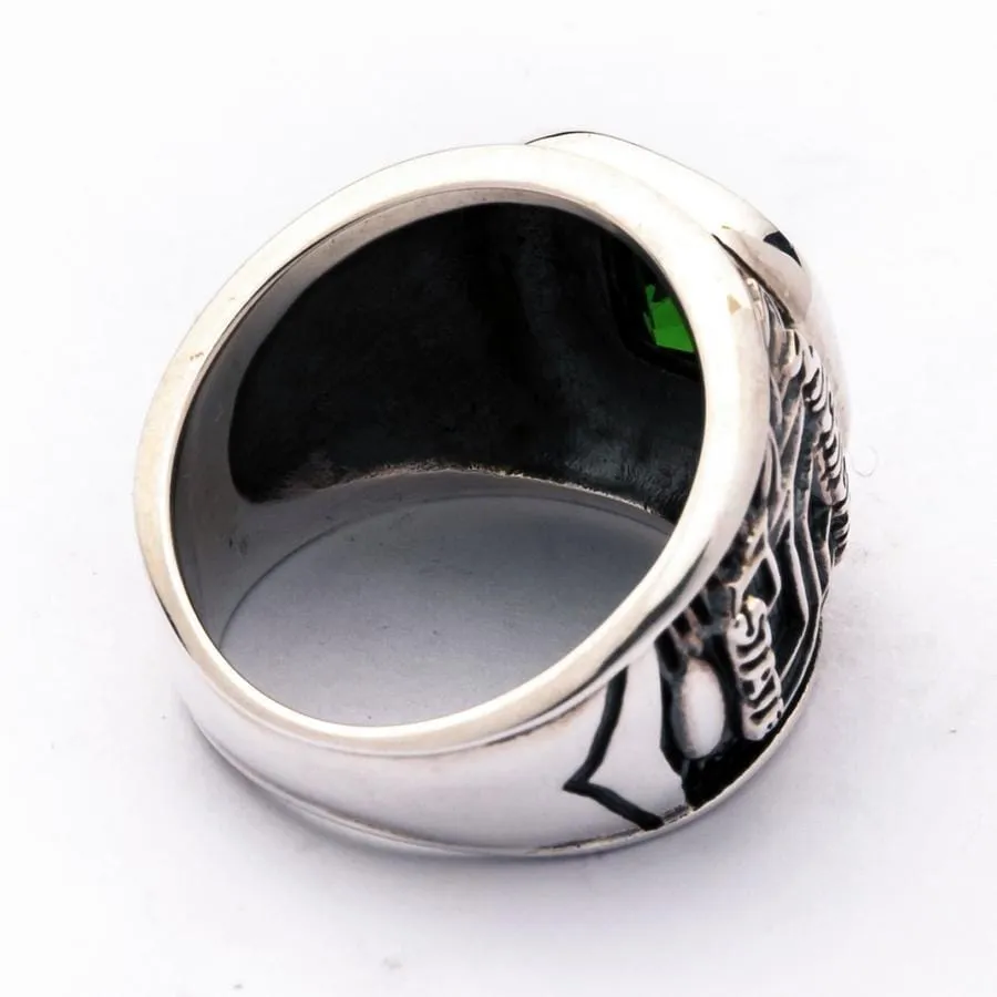 Emerald Green Stone Sterling Silver Men's Sport Ring