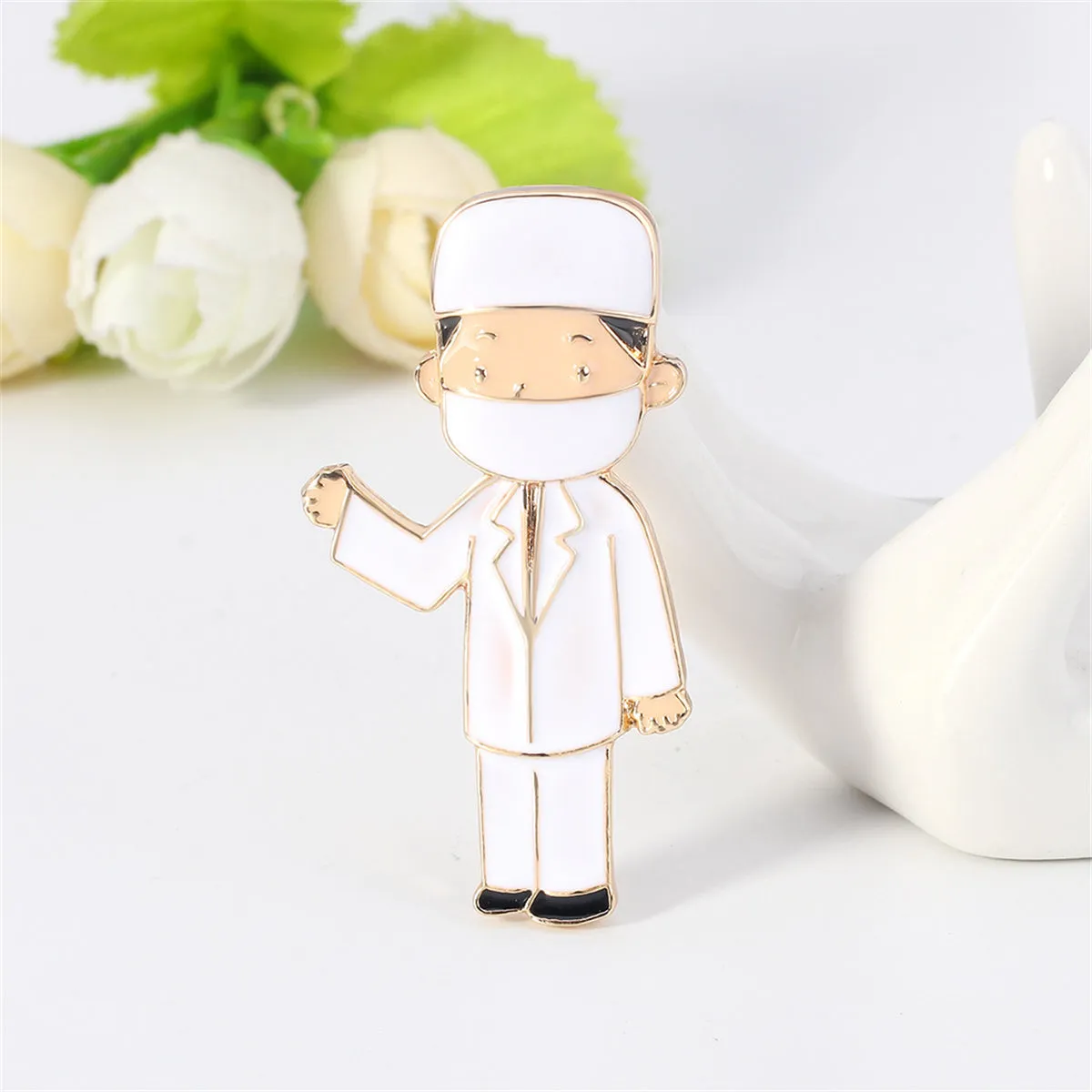 Enamel & 18K Gold-Plated Doctor Brooch