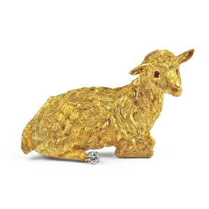 Estate 18k Yellow Gold Lamb Diamond & Ruby Brooch