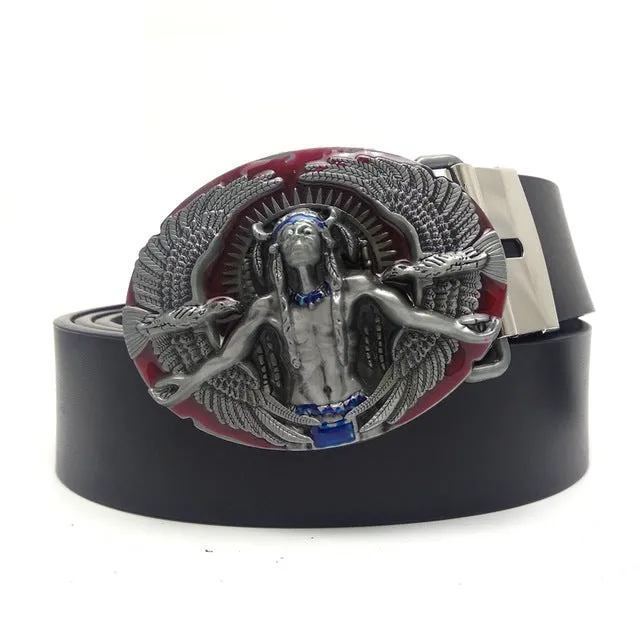 Fashion black faux leather Men Belts Cowboy Western Cowgirl Belt with Native American Indian birds metal buckle Ceinture Homme