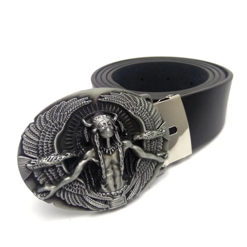 Fashion black faux leather Men Belts Cowboy Western Cowgirl Belt with Native American Indian birds metal buckle Ceinture Homme