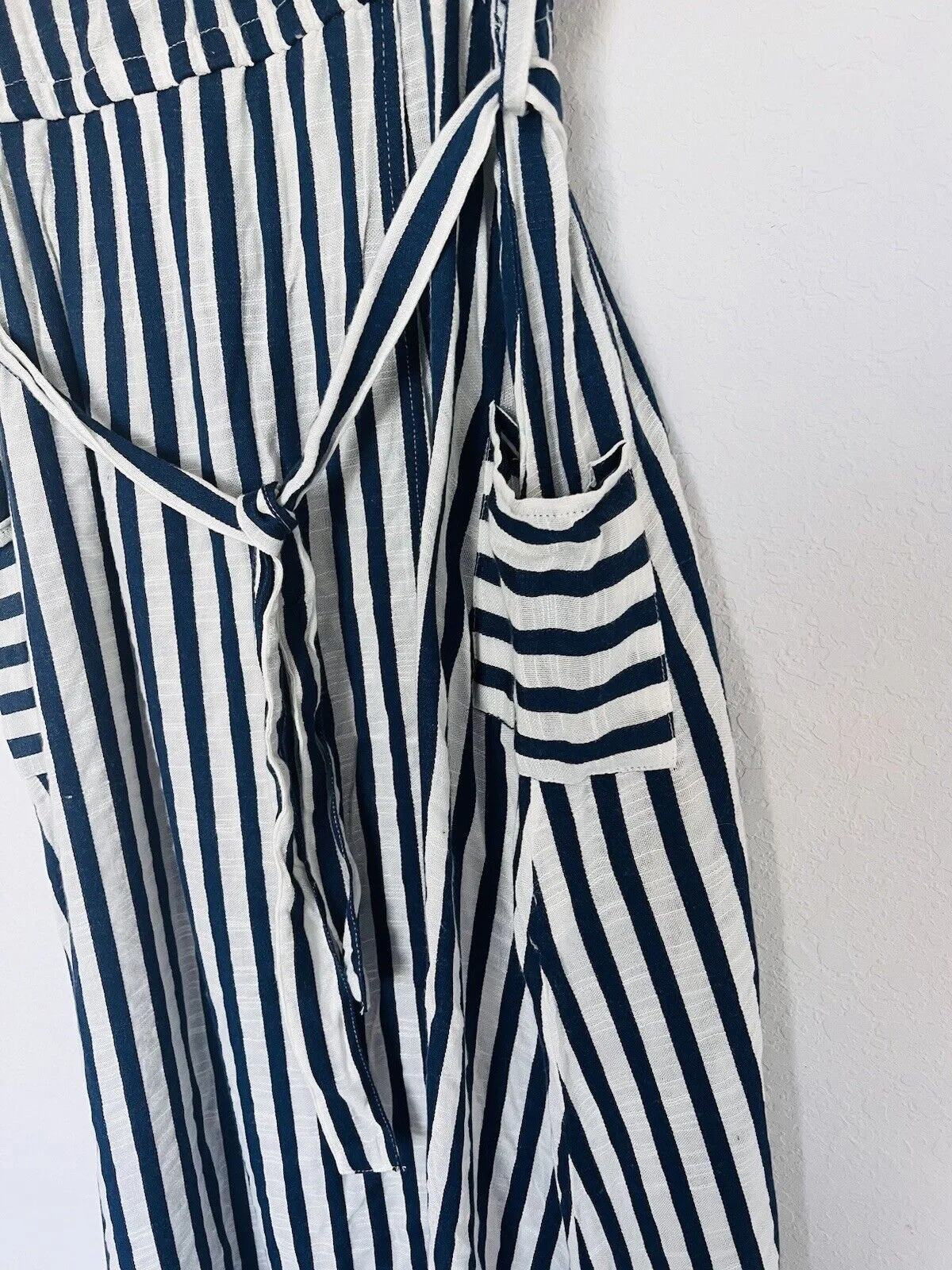 Faux Wrap Midi Dress Sz L Striped Blue/White Waist Tie Pockets 100% Rayon Woven