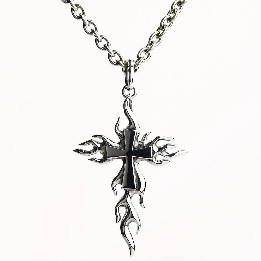 Flame Cross 925 Sterling Silver Men's Biker Pendant