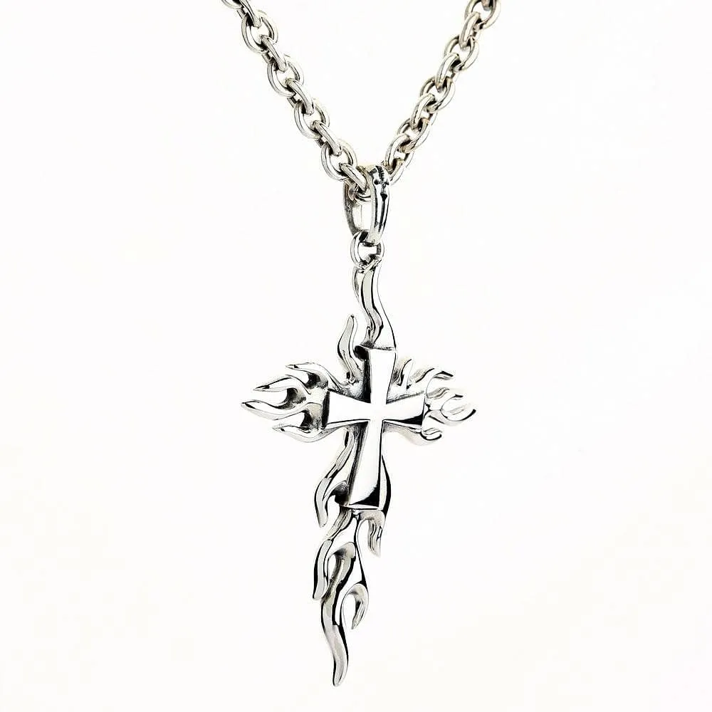 Flame Cross 925 Sterling Silver Men's Biker Pendant