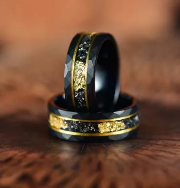 Galactic Gold Ring - Hammered Tungsten Meteorite Gold Leaf 8MM