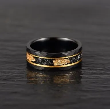 Galactic Gold Ring - Hammered Tungsten Meteorite Gold Leaf 8MM