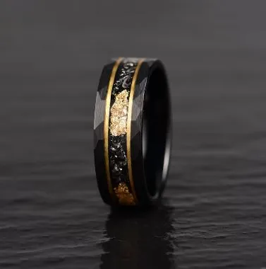 Galactic Gold Ring - Hammered Tungsten Meteorite Gold Leaf 8MM