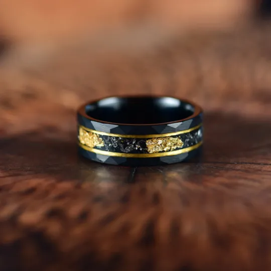 Galactic Gold Ring - Hammered Tungsten Meteorite Gold Leaf 8MM