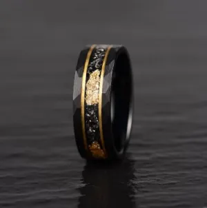 Galactic Gold Ring - Hammered Tungsten Meteorite Gold Leaf 8MM
