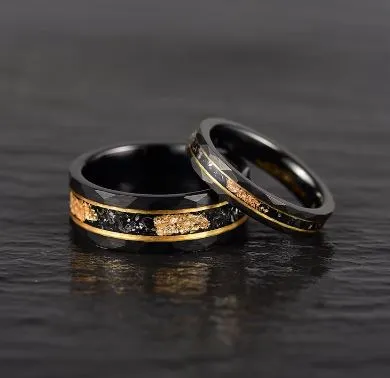 Galactic Gold Ring - Hammered Tungsten Meteorite Gold Leaf 8MM