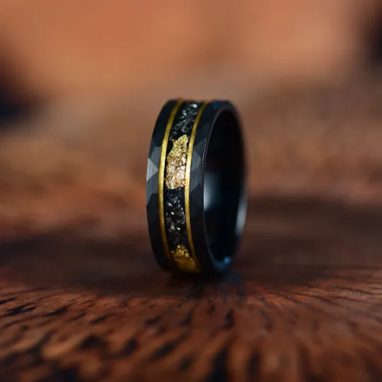 Galactic Gold Ring - Hammered Tungsten Meteorite Gold Leaf 8MM