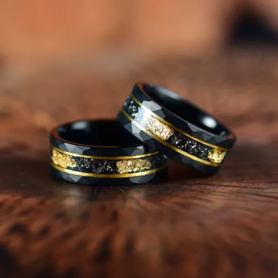 Galactic Gold Ring - Hammered Tungsten Meteorite Gold Leaf 8MM