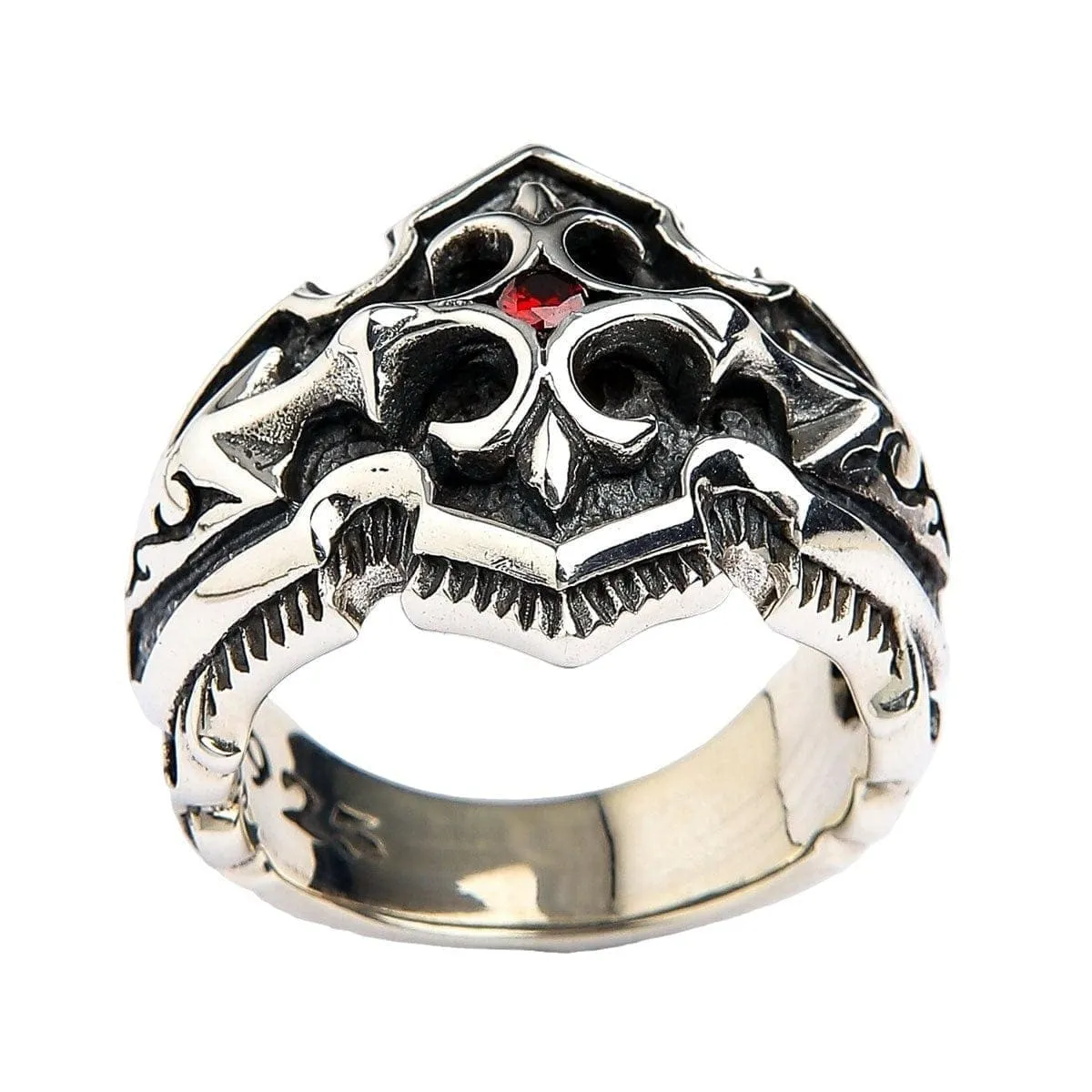 Garnet Medieval Knight Cross Sterling Silver Mens Ring