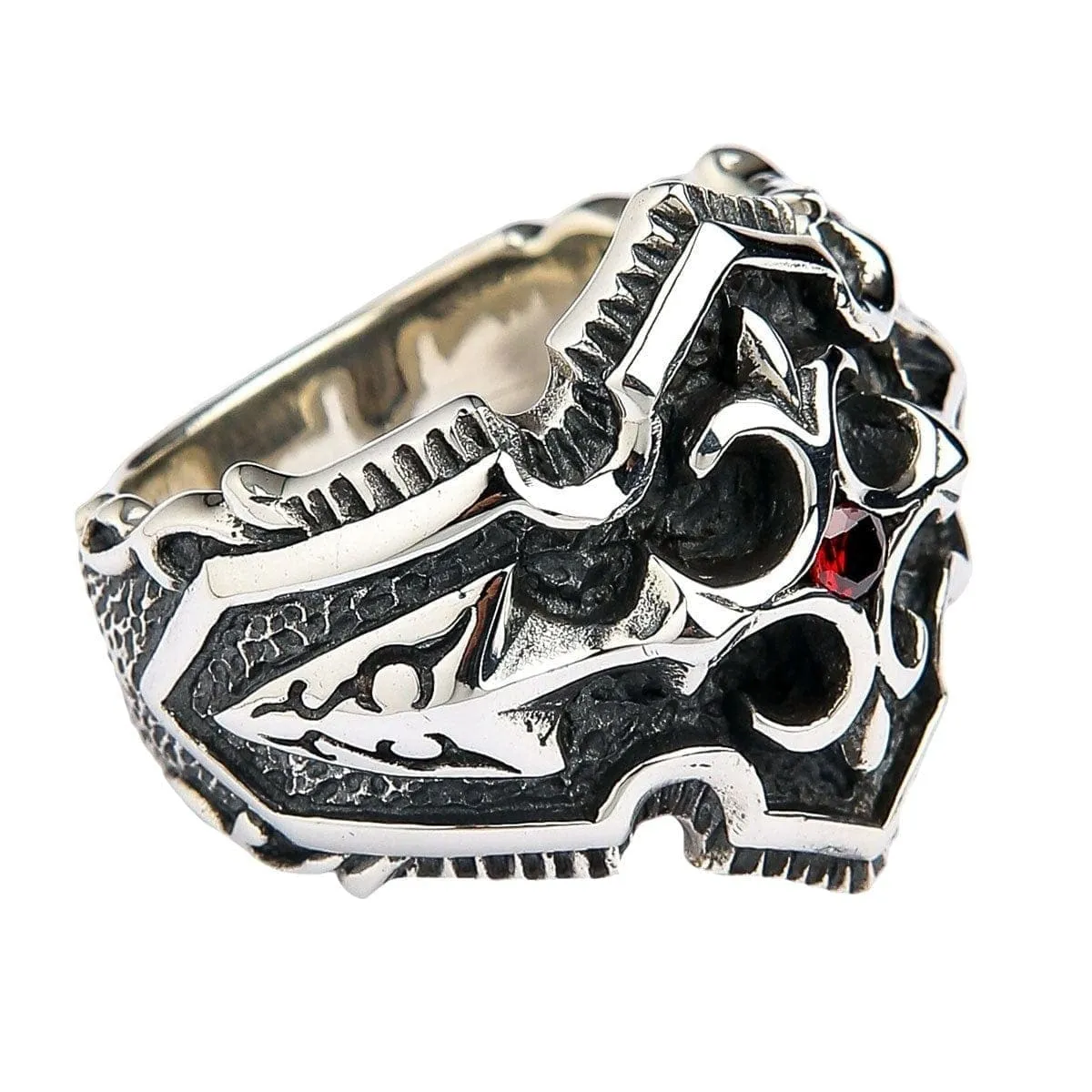 Garnet Medieval Knight Cross Sterling Silver Mens Ring