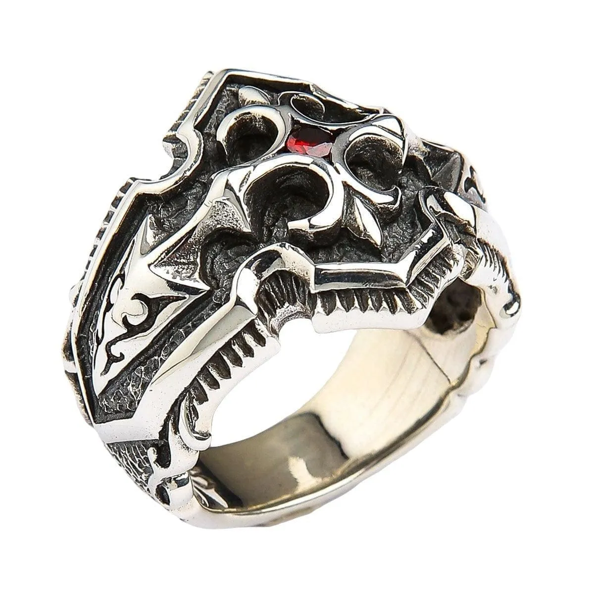 Garnet Medieval Knight Cross Sterling Silver Mens Ring