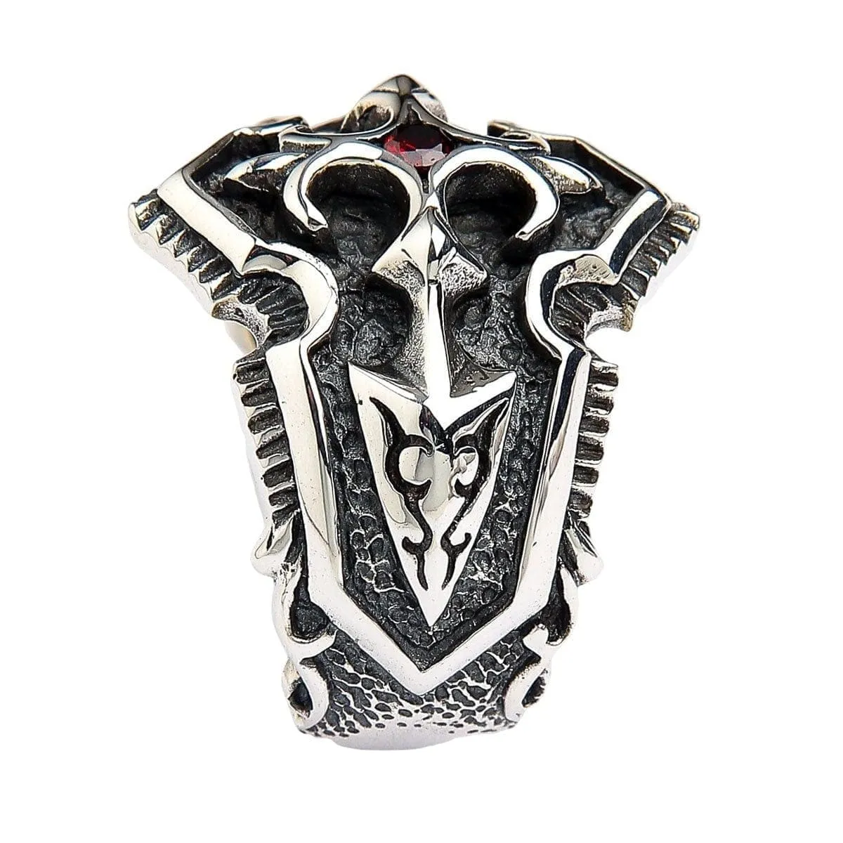 Garnet Medieval Knight Cross Sterling Silver Mens Ring