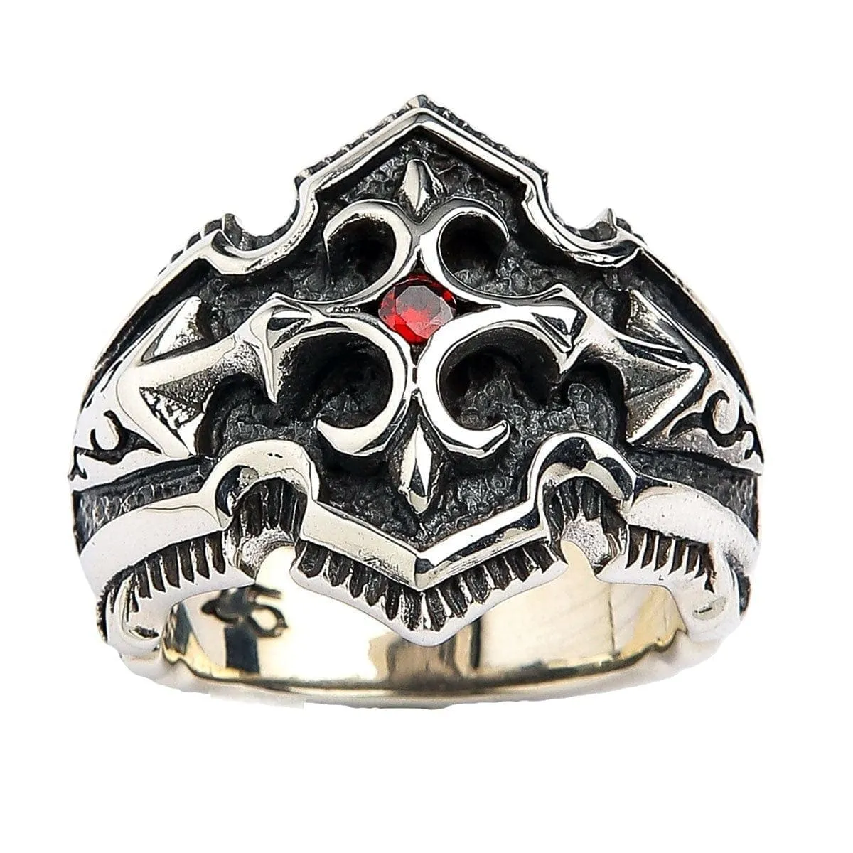 Garnet Medieval Knight Cross Sterling Silver Mens Ring