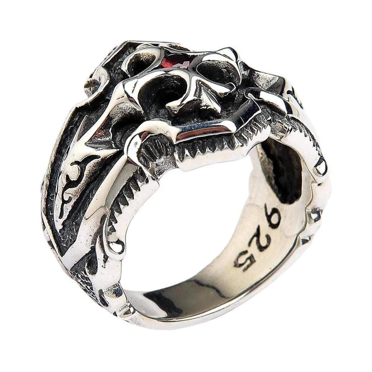 Garnet Medieval Knight Cross Sterling Silver Mens Ring