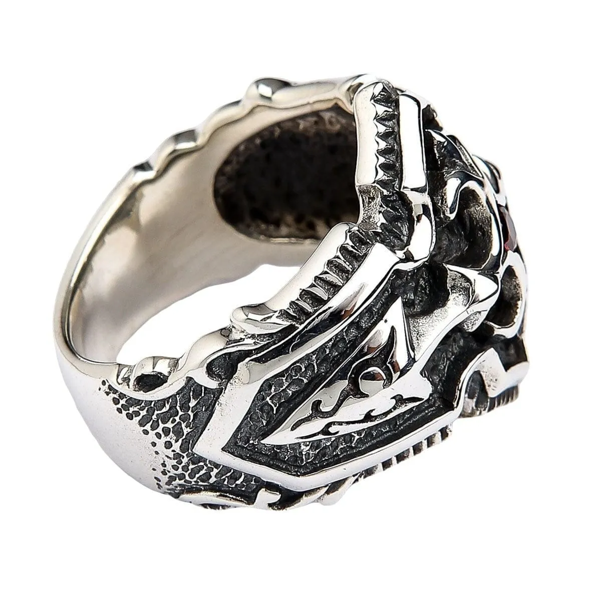Garnet Medieval Knight Cross Sterling Silver Mens Ring