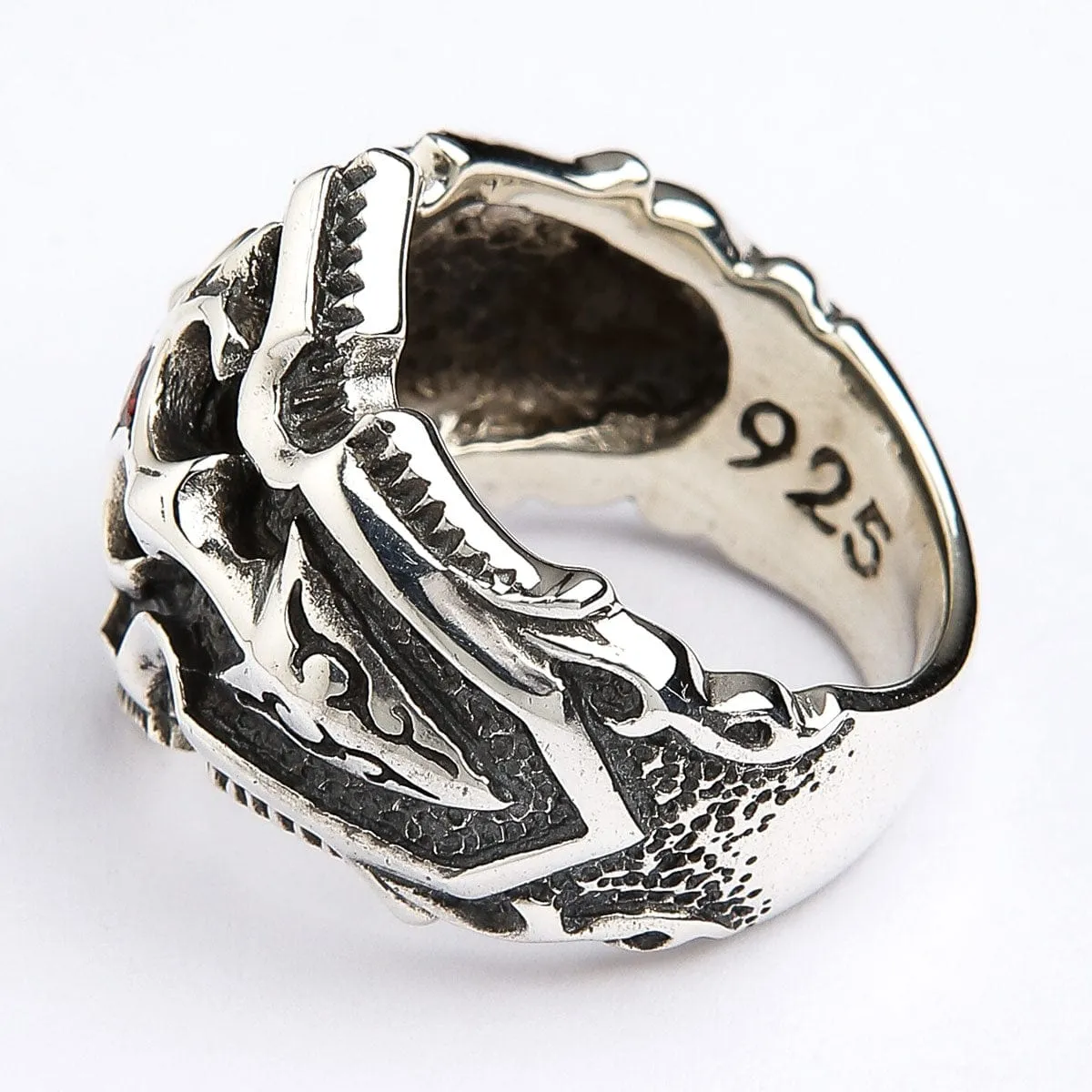 Garnet Medieval Knight Cross Sterling Silver Mens Ring