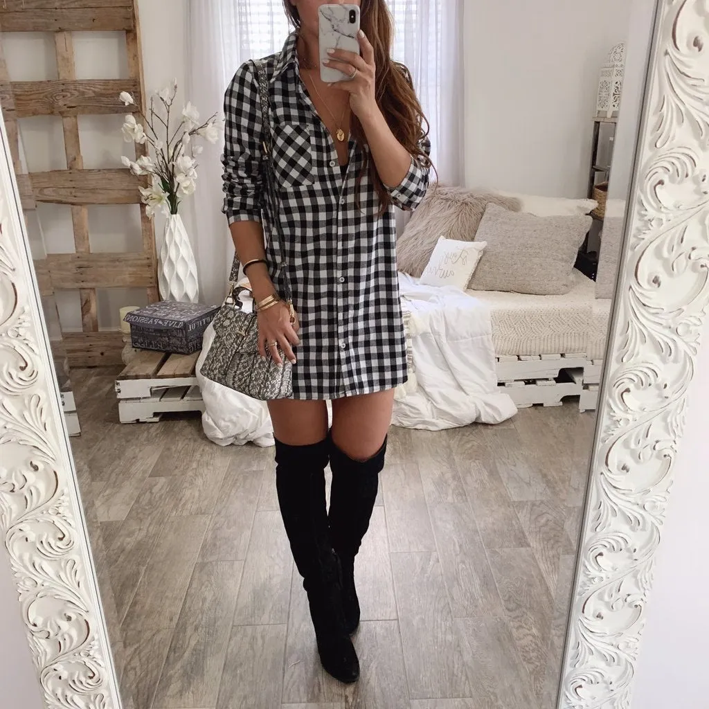 GenZ Sexy Plaid Casual Loose Long Sleeve Mini Shirt Dress