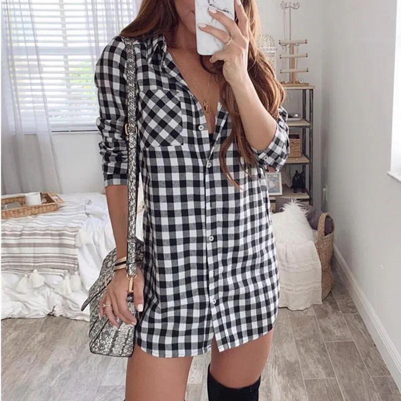 GenZ Sexy Plaid Casual Loose Long Sleeve Mini Shirt Dress
