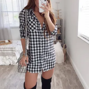 GenZ Sexy Plaid Casual Loose Long Sleeve Mini Shirt Dress